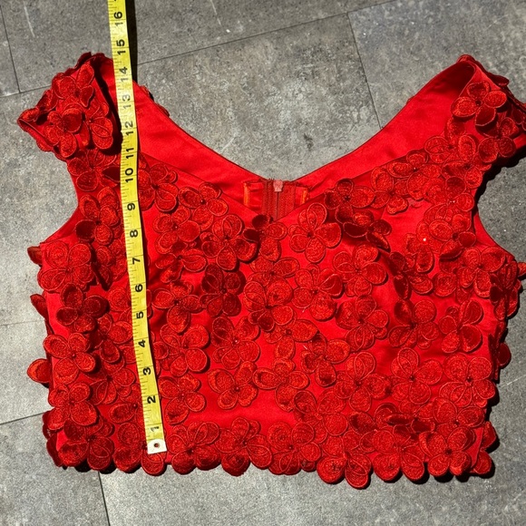 Custom two piece formal gown. Flower appliqué crop top with hi-lo skirt. - Picture 4 of 12